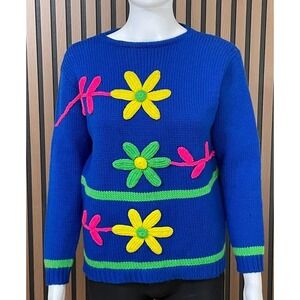 Phil Rose Women's L Blue Sweater Wool Cozy Knitted Floral Embroidered Vintage